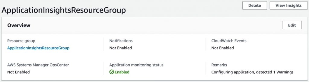Application Insights resource group enabled for monitoring 