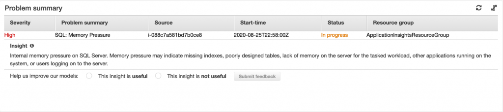 SQL Memory pressure error displayed in CloudWatch dashboard