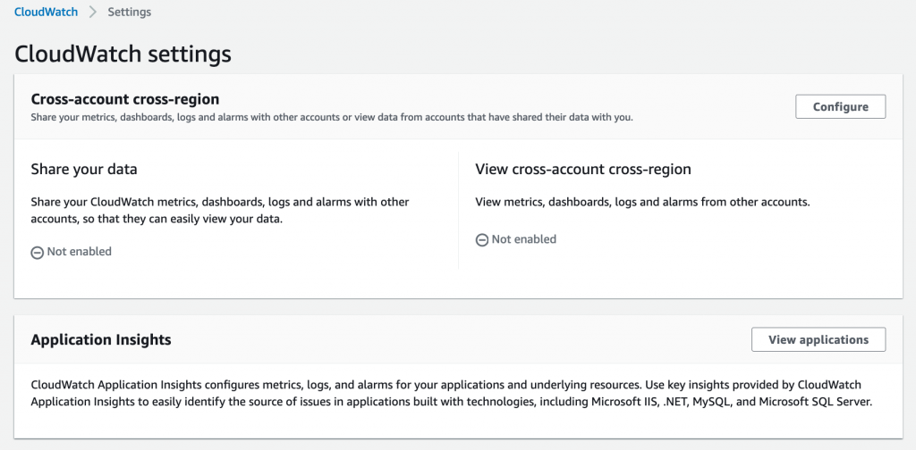 Application Insights section within CloudWatch settings 