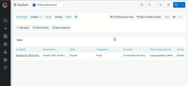 Grafana Explore screen with X-Ray datasource and an Insight identified