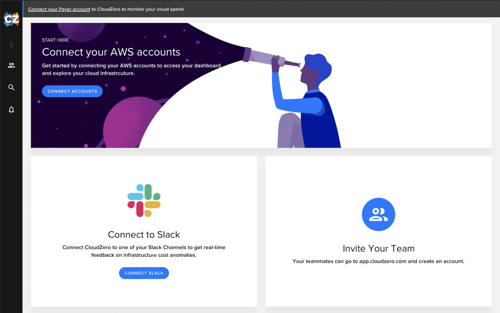 CloudZero automated account connection and onboarding webpage for connecting AWS accounts, Slack integration and adding team members found at https://app.cloudzero.com