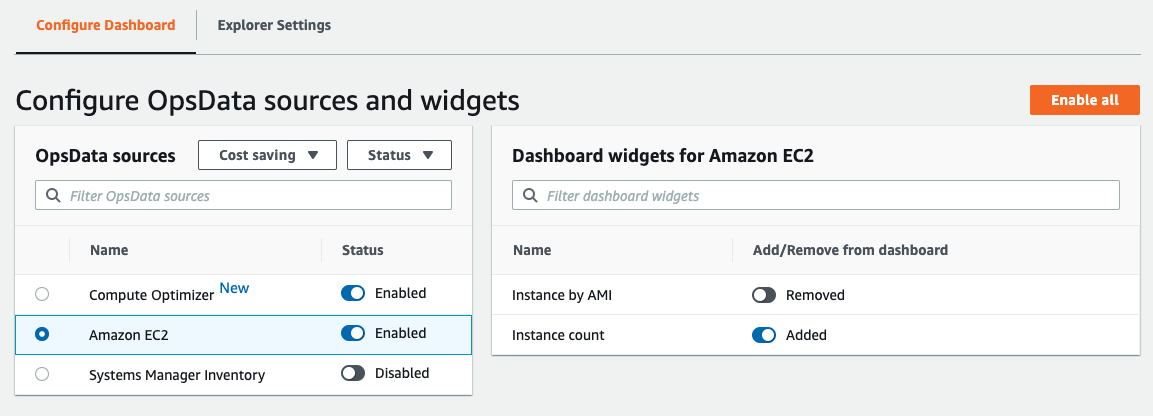 You can filter OpsData sources by selecting a category and status