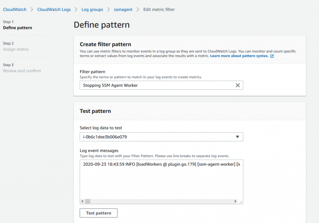 Define pattern page of the CloudWatch console