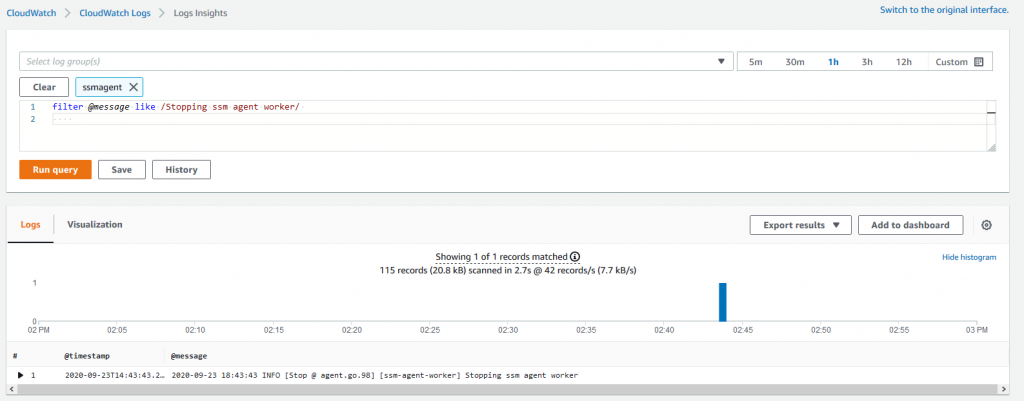 CloudWatch Logs Insight query showing timestamp and message