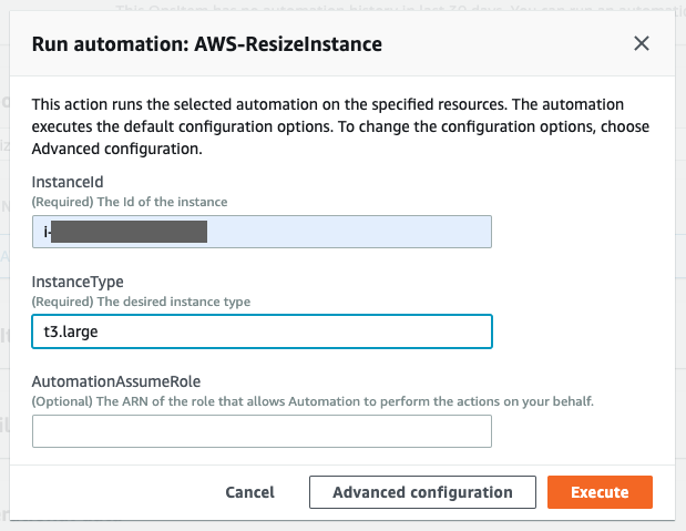 To start run automation, specify InstanceId and InstanceType