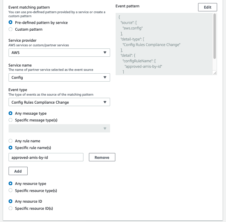 Filtering selections for the AWS Config rule named approved-amis-by-id. Under Event matching pattern, Pre-defined pattern by service is selected. Under Event type, Config Rules Compliance Change is selected. The Any resource type and Any resource ID options are also selected. 