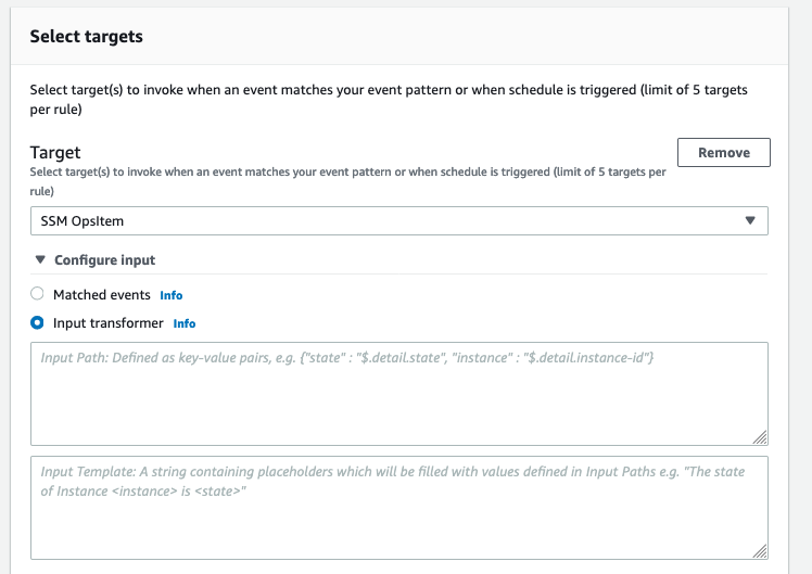 On the Select targets page, Input transformer is selected. There are boxes for entering the input path and input template.