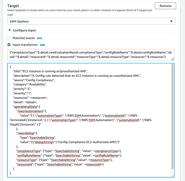 The box under Input transformer contains values for the EC2 instance is running an unauthorized AMI rule. These are values for title, description, source, category, priority, severity, resources, detail, and operationalData.