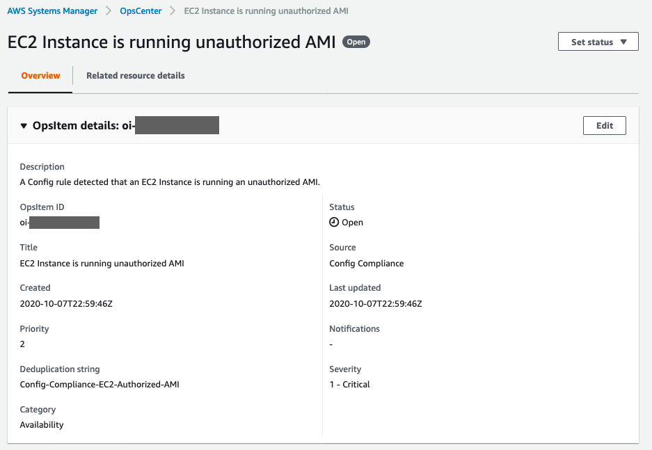 The OpsItem details include the description, OpsItem ID, title, status, source, created and last updated dates, deduplication string, severity, priority, and category.