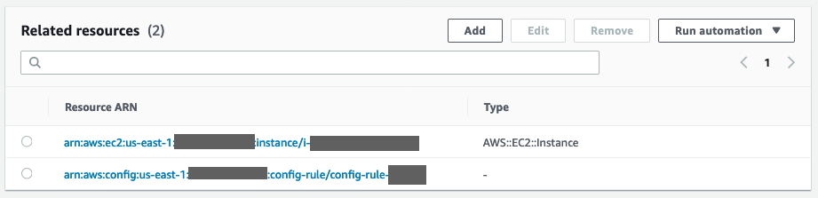 Under Resource ARN, there are entries for a noncompliant EC2 instance and the triggering AWS Config rule.