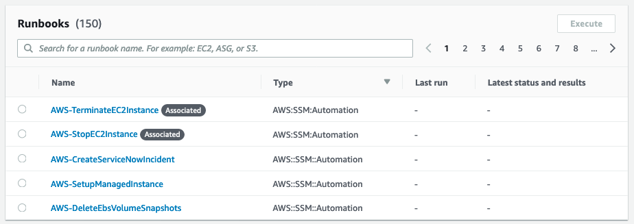 The runbooks specified in the input transformer, AWS-TerminateEC2Instance, and AWS-StopEC2Instance, appear in the Runbooks section of the console.
