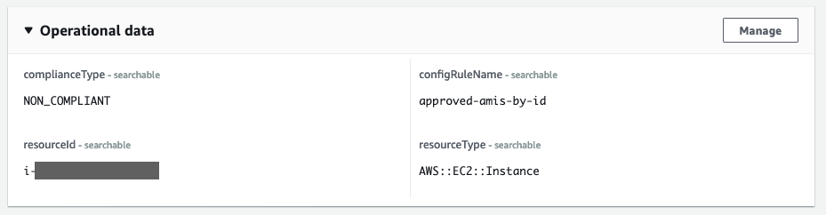 The Operational data section shows complainceType (NON_COMPLIANT), configRuleName (approved-amis-by-id), resourceId, and resourceType (AWS::EC2::Instance).