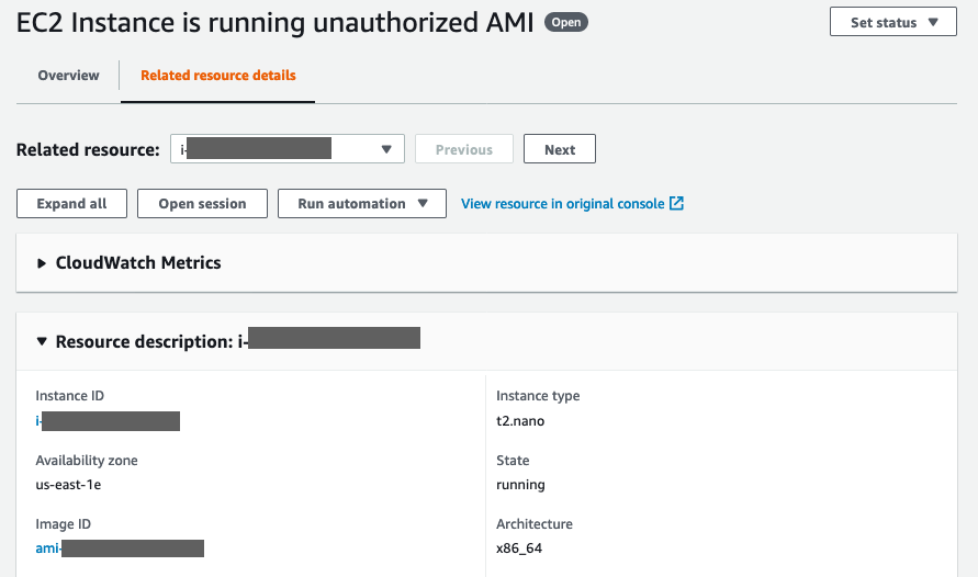 Related resource details tab for the EC2 instance running an unauthorized AMI includes the instance ID, instance type, architecture, Availability Zone, image ID, and state. 