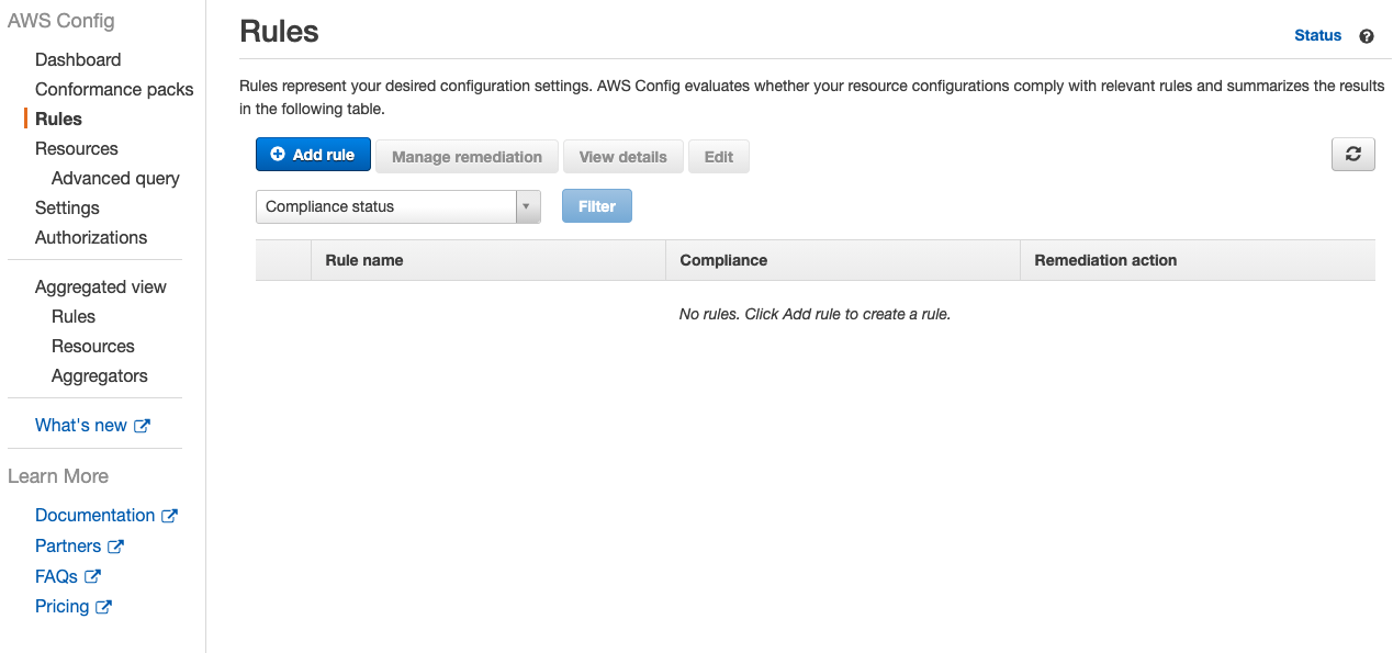 Rules page shows that no rules found. The page includes a button for adding a rule.