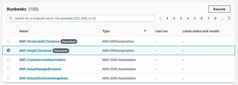 The AWS-StopEC2Instance runbook is selected on the Runbooks page of the console.