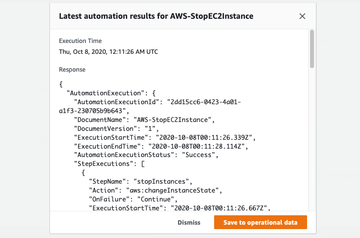 Under Latest automation results for AWS-StopEC2Instance, there is a summary of runbook status. The summary shows execution start and end times, execution status (Success), and runtimes.