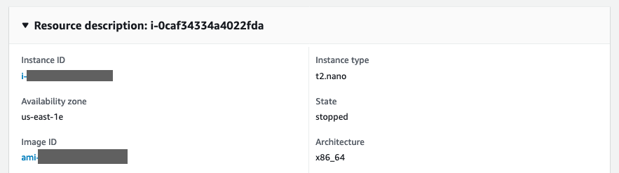 Resource description section shows the instance ID, Availability Zone, image ID, instance type, state (stopped), and architecture.