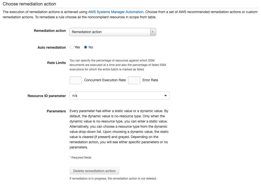 The Remediation action is set to Remediation action, Auto remediation is set to No, Rate Limits are not specified, Resource ID parameter is set to n/a.