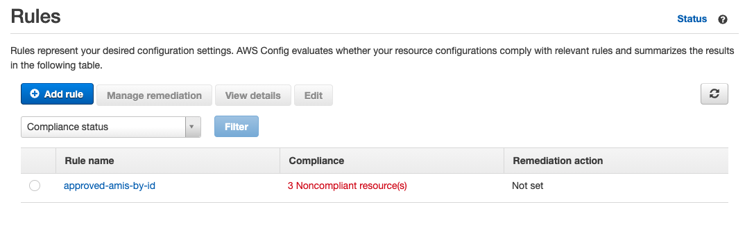 Under Rules, the Compliance column shows that the approved-amis-by-id rule has three noncompliant resources.