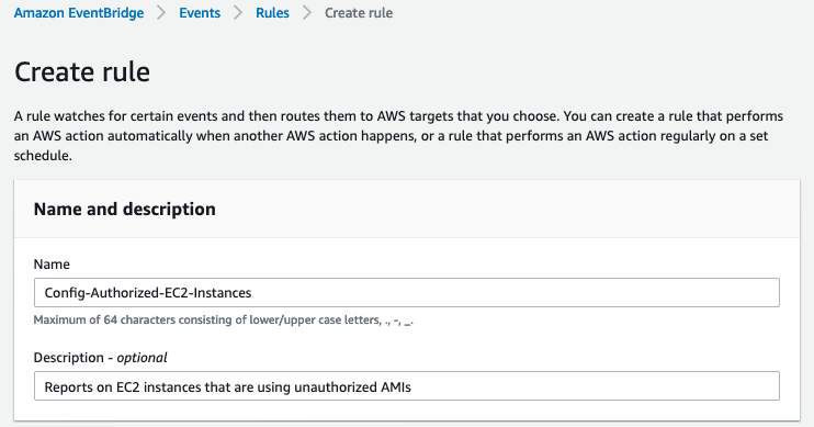 The rule name is Config-Authorized-EC2-Instances. The description is “Reports on EC2 instances that are using unauthorized AMIs.”