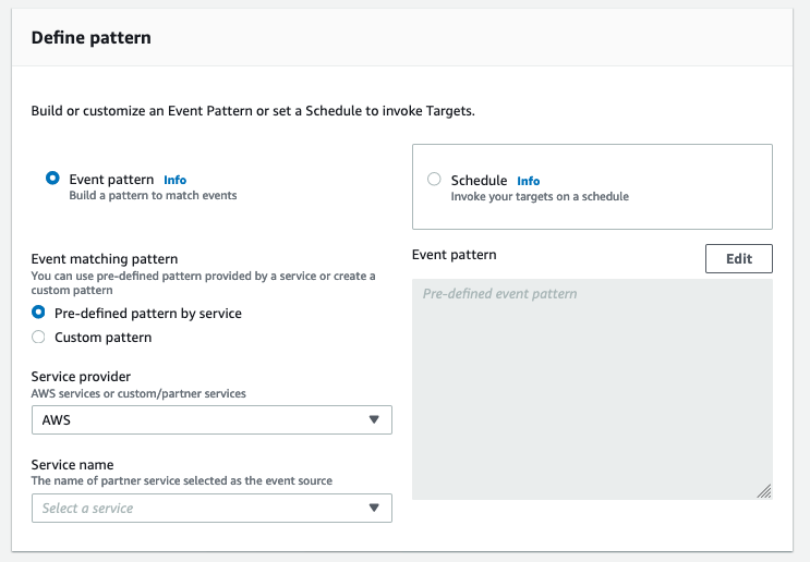 On Define pattern, Event pattern is selected. Under Event matching pattern, Pre-defined pattern by service is selected. Under Service provider, AWS is selected.