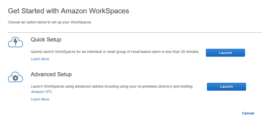 Get Started with Amazon WorkSpaces page shows quick setup and advanced setup options.