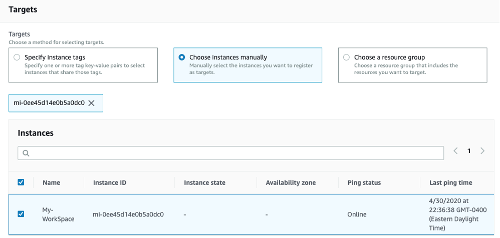 Under the Targets section in the AWS Systems Manager console, there are options to specify instance tags, choose instances manually, and choose a resource group. The option to choose instances manually is selected.