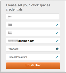 The console displays a user password registration window. The end user sets their WorkSpaces credentials by providing a new password and then choosing the Update User button. 