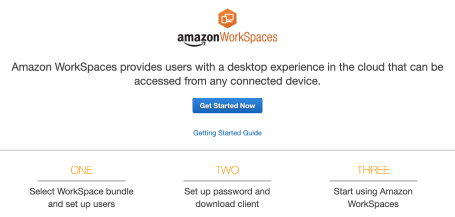 The workflow under the Get Started Now button in the AWS Management Console is to first select a bundle and set up users. The second step is to set up password and download client. The third step is to start using the service.