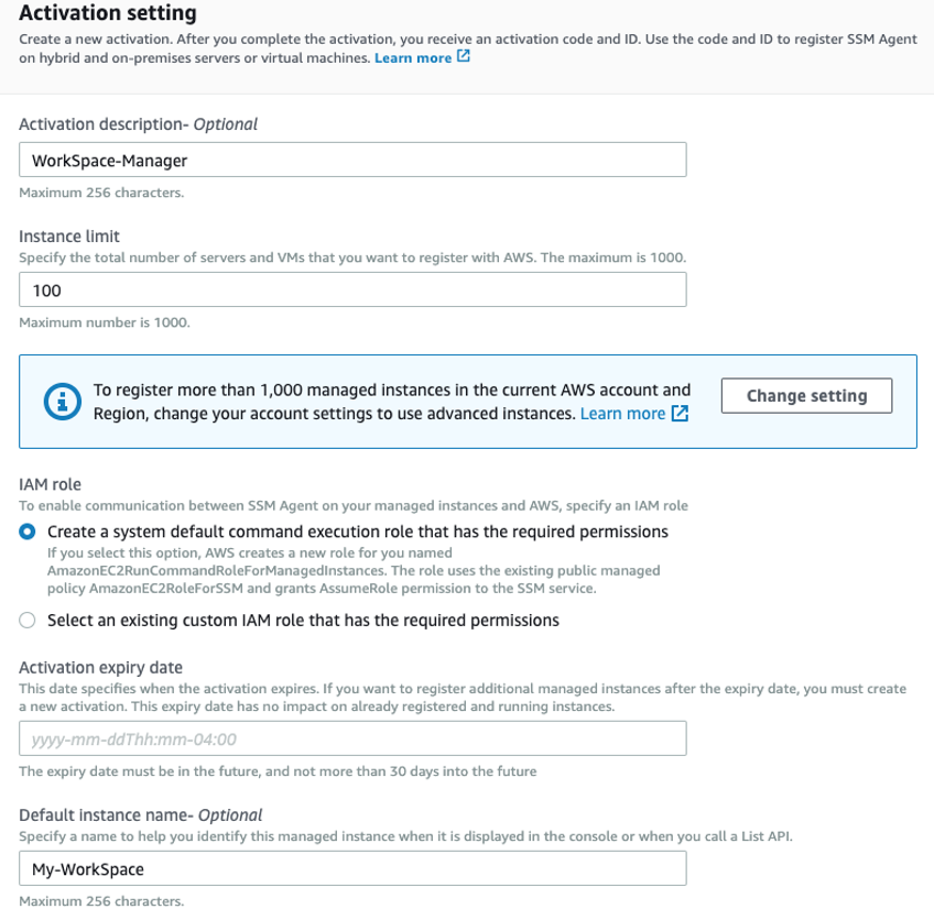 The console displays an Activation setting page with fields for providing an optional activation description, total number of servers to register, the IAM role to use, an activation expiry date, and an optional name for the managed instance.