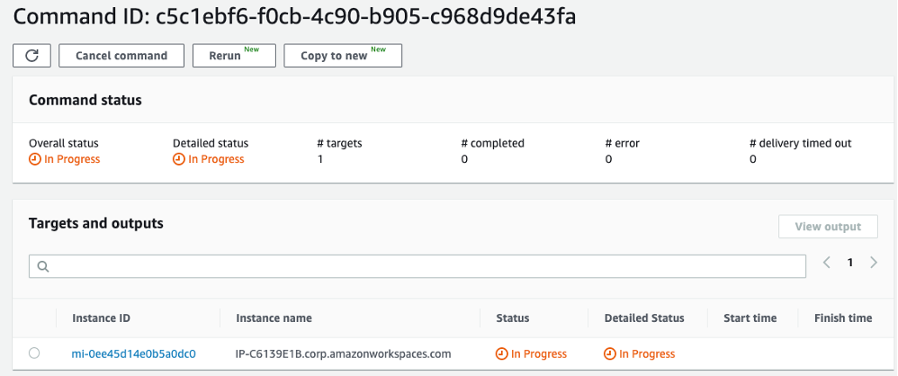 In the AWS Systems Manager console, the status of the issued commands from Systems Manager to the activated WorkSpace is displayed as In Progress.
