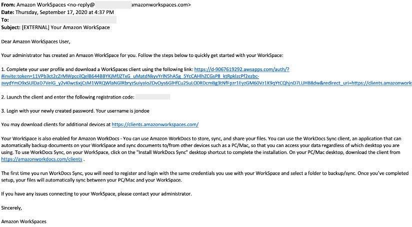 An email displays a message for the end user to complete the user profile, download the WorkSpaces client, and launch the client with the provided registration code. The user can then sign in with the newly created password and provided user name.