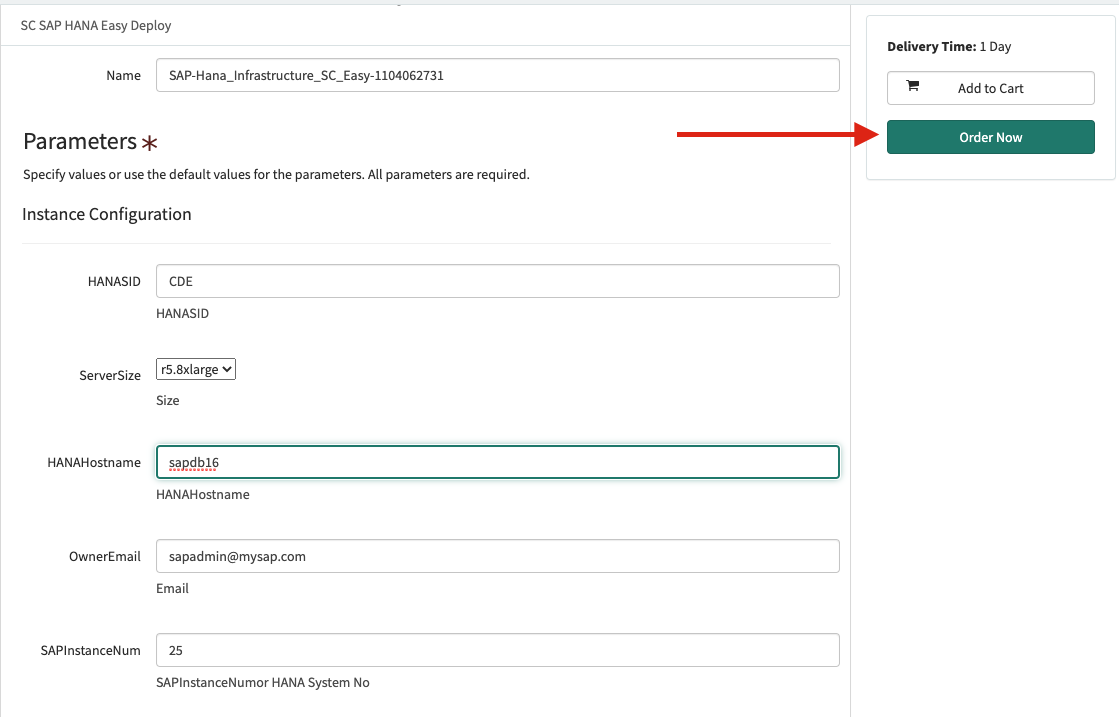 The SAP HANA Easy Deploy page provides a name field and a Parameters section where the administrator can enter the SID, server size, host name, owner email, and instance number./