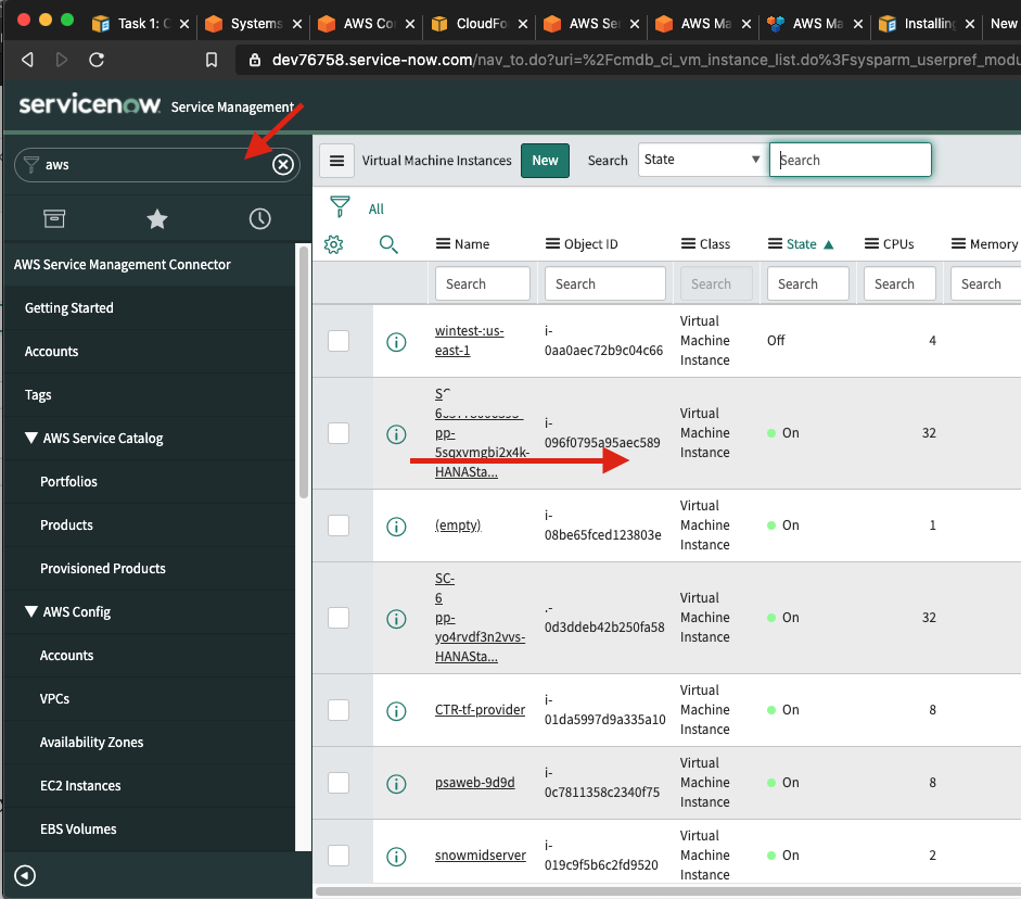 The SAP administrator uses the ServiceNow console to find the SAP HANA database instance. The console displays columns for name, object ID, class, state, CPUs, and memory
