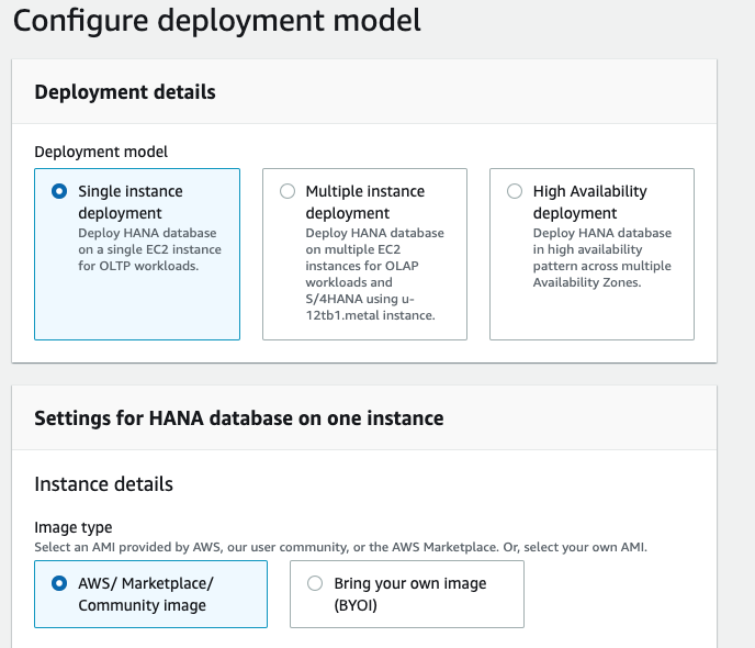 The Configure model deployment page provides options for single instance, multiple instance, and high availability deployments. It also provides two options for image type: AWS Marketplace or BYOI