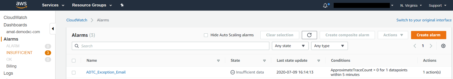 Alarm is configured in the CloudWatch console