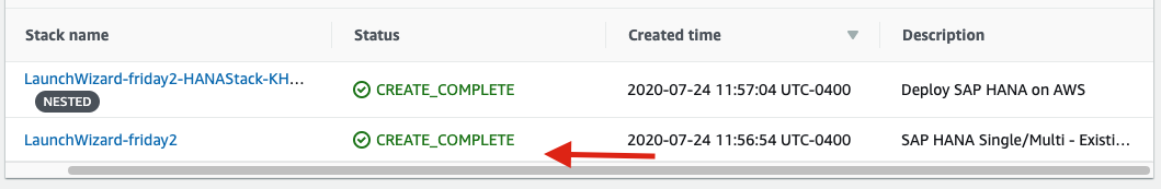 The Stacks page displays two stacks with names that start with LaunchWizard. The status for both stacks is CREATE_COMPLETE
