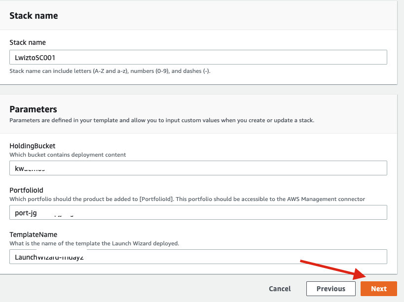 The Specify stack details page provides fields for stack name and a Parameters section for the portfolio ID and template name.