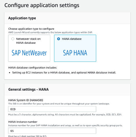 The Configure application settings page provides an Application type section and a General settings section for the HANA system ID and HANA instance number