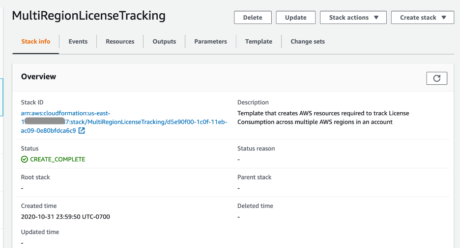 On the MultiRegionLicenseTracking stack details page, the stack ID, description, status, and created time is displayed. The status is CREATE_COMPLETE.