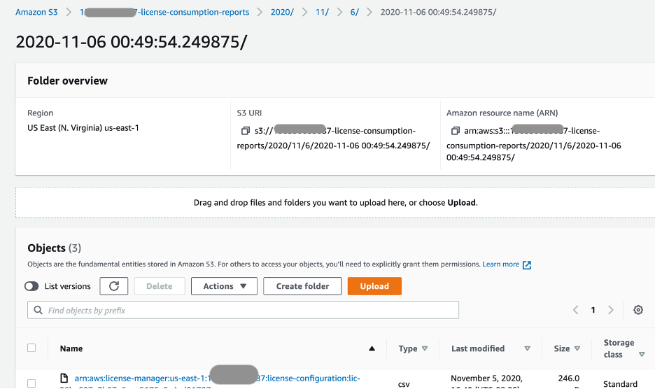 License consumption report folder structure in format yyyy/mm/dd/timestamp. The page displays a Folder overview section (Region, URI, ARN) and an Objects section.
