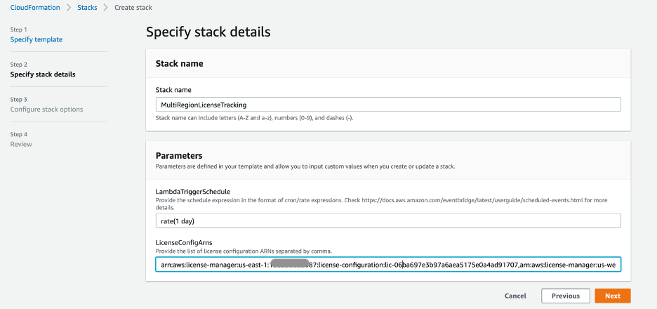 MultiRegionLicenseTracking appears in the Stack name field. In the Parameters section, rate(1 day) appears in the LambdaTriggerSchedule field. In LicenseConfigArns, a list of ARNs is displayed, separated by commas.