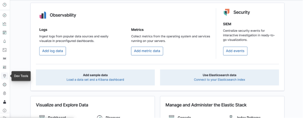 Kibana dashboard provides Observability, Metrics, and Security sections.