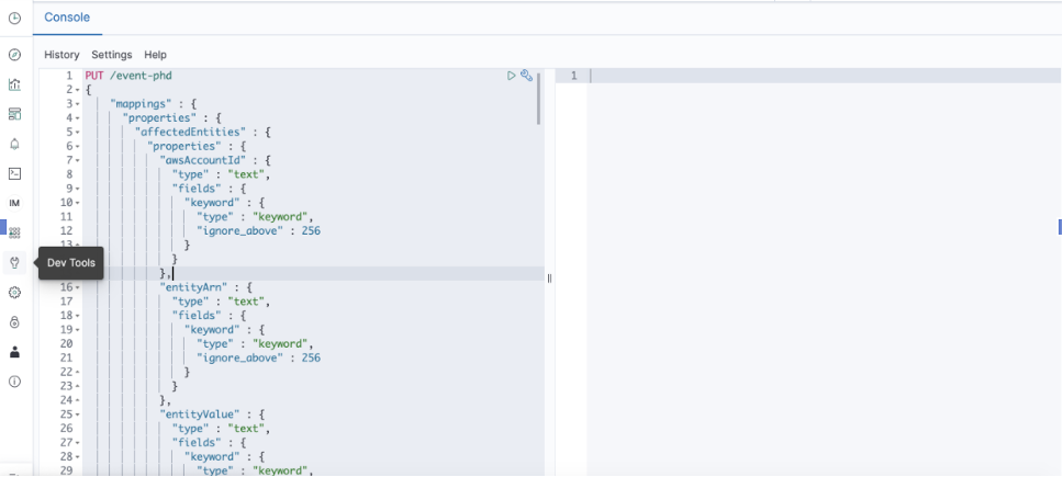 Dev Tools console provides History, Settings, and Help tabs with a text area on the left side to run API calls and another text area on the right to view API call results.