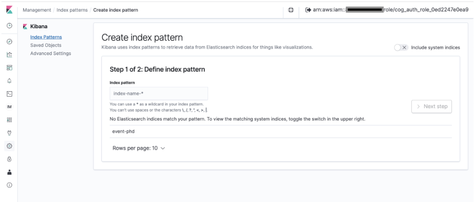 Create index pattern page is displayed with Index pattern text box, matching system indices (event-phd), disabled Next step button, and pagination.