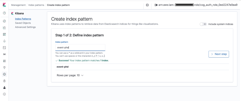 On the Create index pattern page, event-phd appears in the Index pattern text box with a success message below saying “Success! Your index pattern matches 1 index.” and the Next step button enabled.