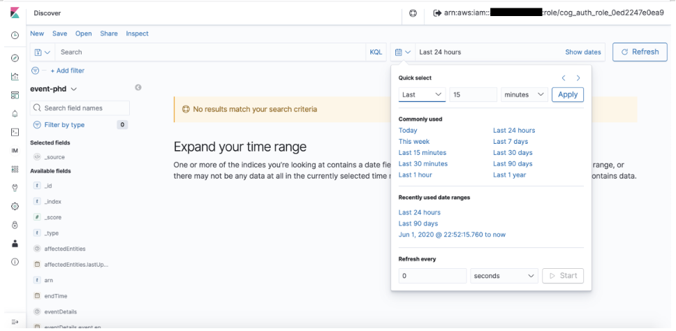 The calendar dropdown displays Quick select fields, with commonly used options such as today, this week, last 15 minutes, and recently used date ranges.