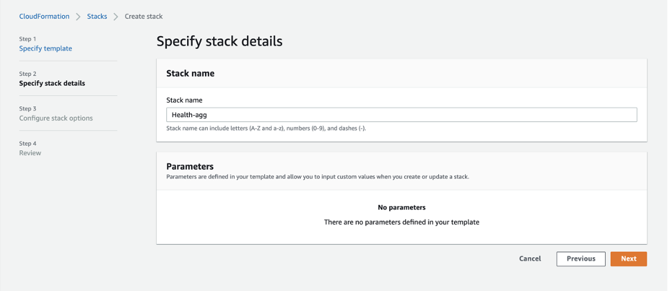 The Specify stack details page provides a field to enter a name for the stack and a Parameters section.