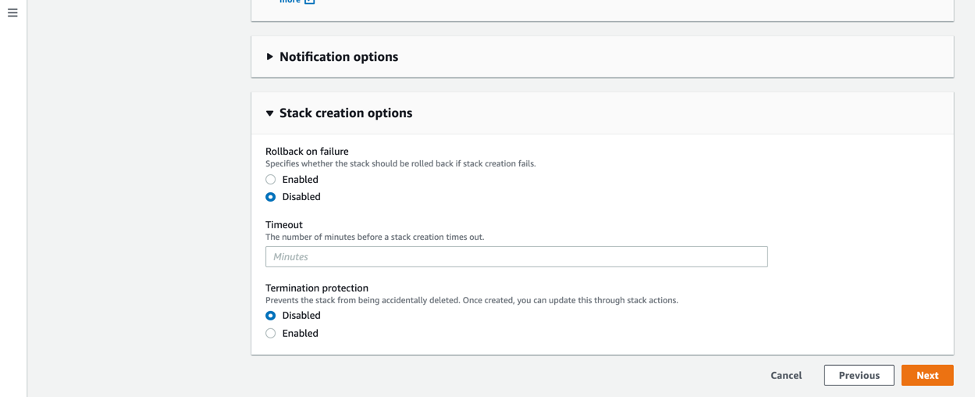 The Stack creation options section includes entries for Rollback on failure, Timeout, and Termination protection.