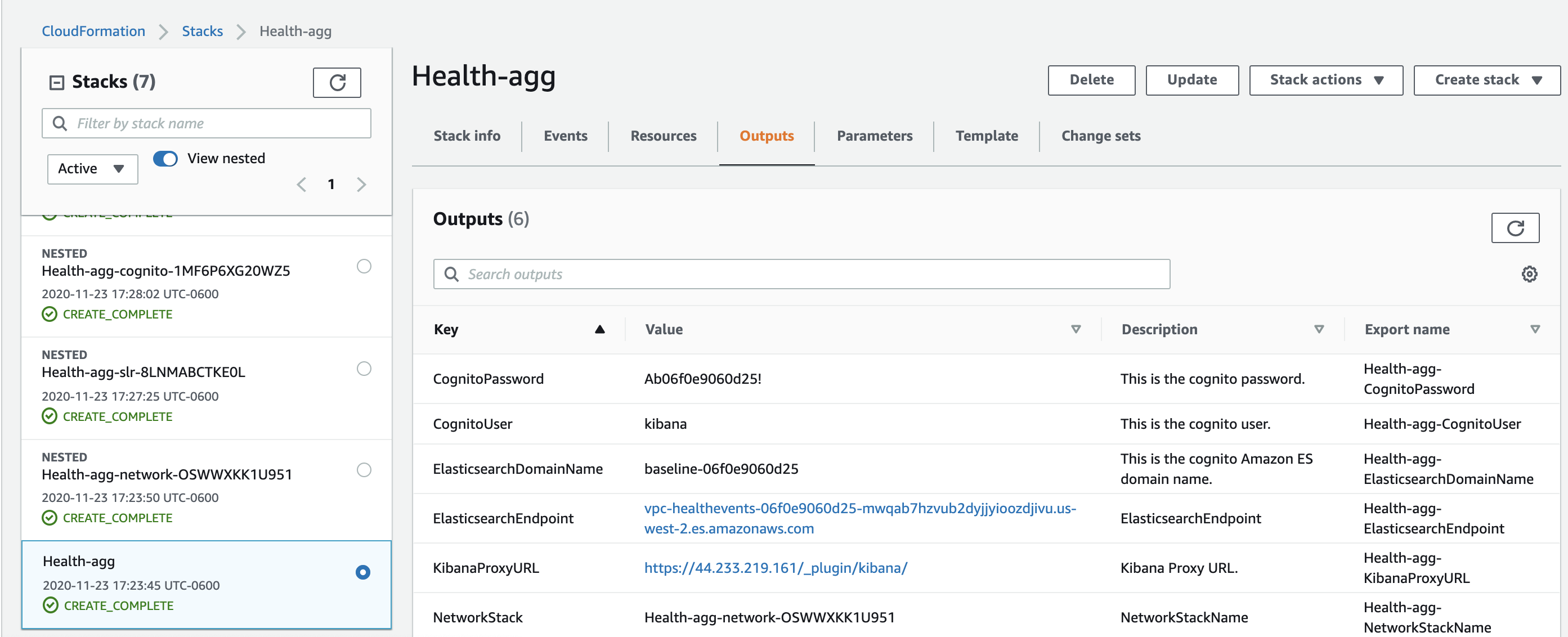 The Stacks page includes the selected Health-agg root stack with columns for Stack info, Events, Resources, Outputs, Parameters, Template, Change sets columns with Outputs column highlighted.